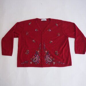 Vintage Dress Barn Red Floral Embroidered Cardigan Paisley Knit Roses 1X